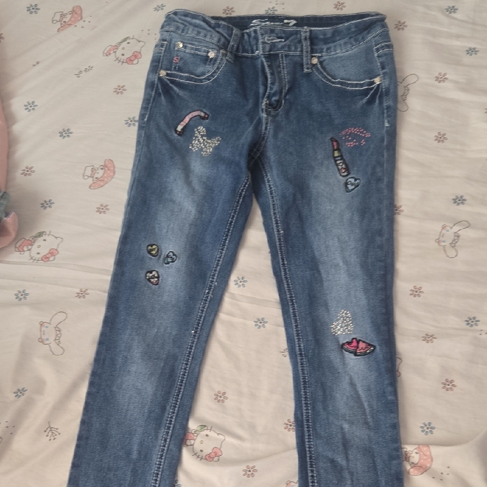 Seven7 Kids's Blue Skinny Jeans with Embroidered Patches
